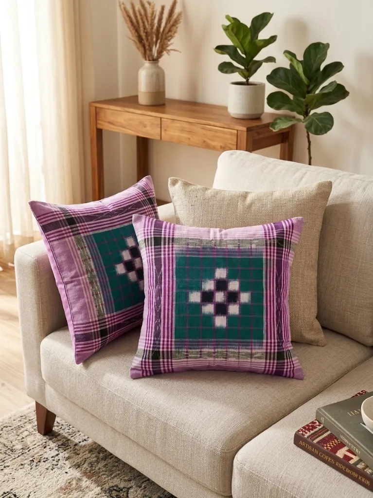 Light Purple_Sambalpuri Ikat Handwoven Cushion Cover (18x18) – Pasapalli Design (4).webp