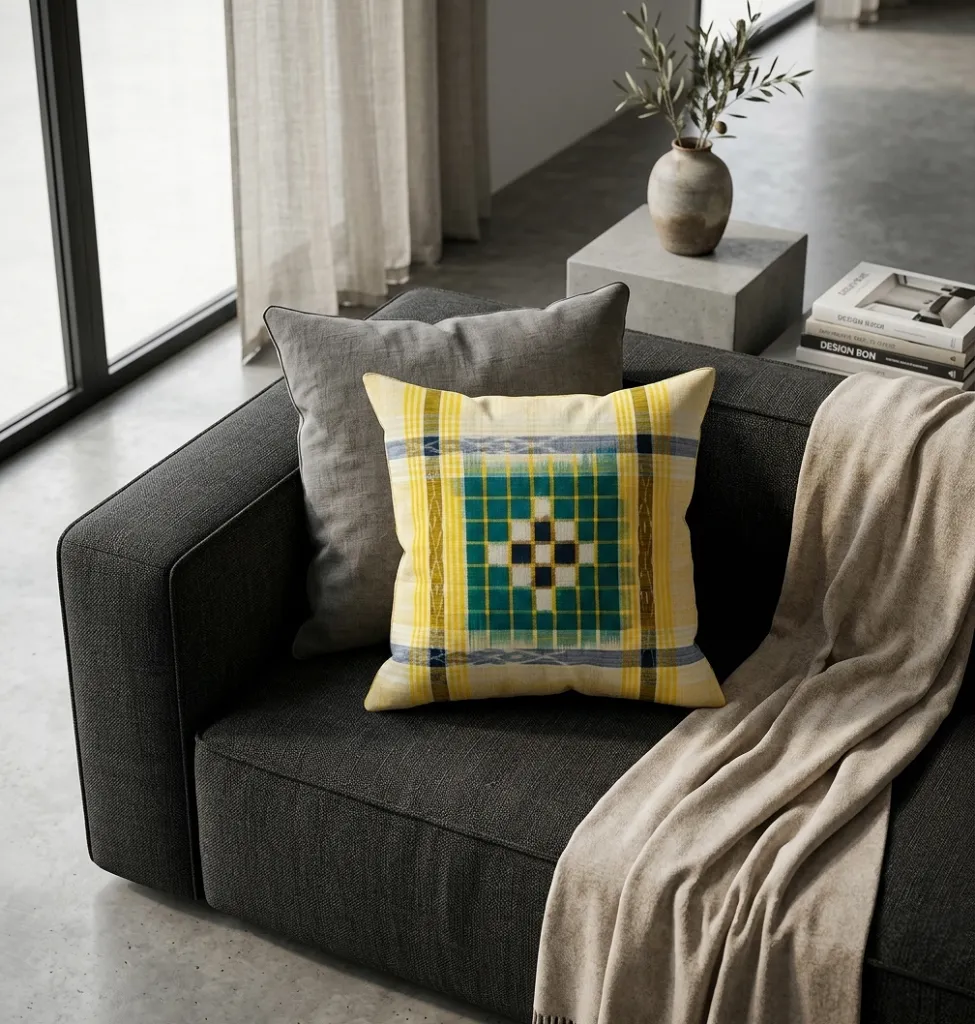 Light Yellow -Sambalpuri Ikat Handwoven Cushion Cover (18x18) - Pasapalli Design (5).webp