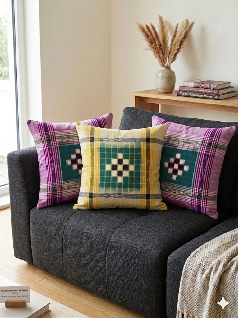 Light Yellow -Sambalpuri Ikat Handwoven Cushion Cover (18x18) - Pasapalli Design (2).webp