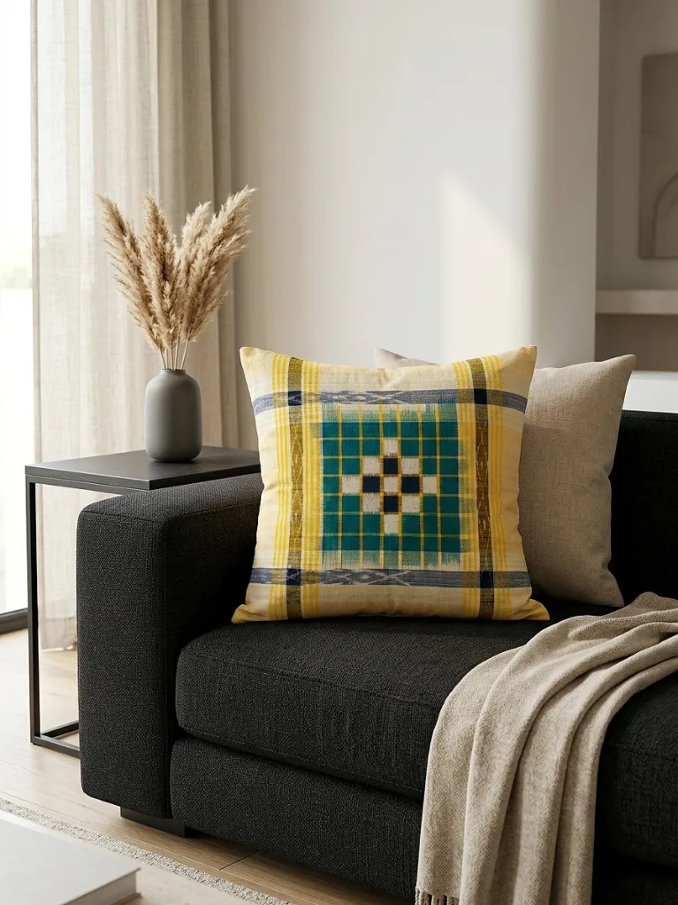 Light Yellow -Sambalpuri Ikat Handwoven Cushion Cover (18x18) - Pasapalli Design (6).webp