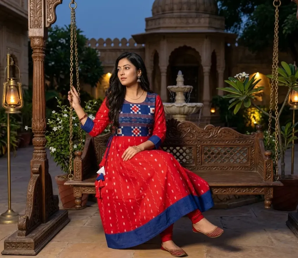 Women Sambalpuri Anarkali Round Kurti | Design M2 | Woven Fabric | Festive & Casual Wear | Sizes S to 5XL (S 36)