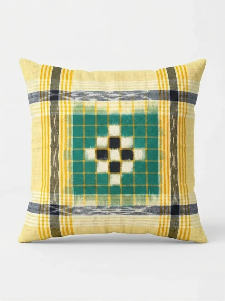 Sambalpuri Ikat Handwoven Cushion Cover (18x18) – Light Yellow - Pasapalli Design (1 Pc)