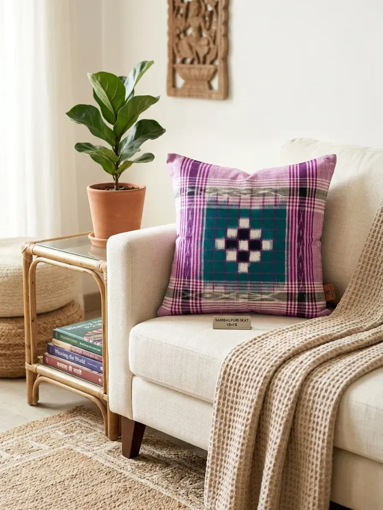 Sambalpuri Ikat Handwoven Cushion Cover – Light Purple - Pasapalli Design (18x18 Inch, 1 Pc)