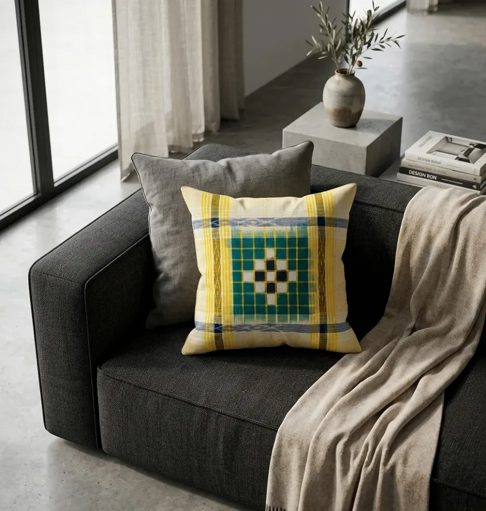 Sambalpuri Cotton Handwoven Cushion Cover – Biscuit & Green Color- Pasapalli Design